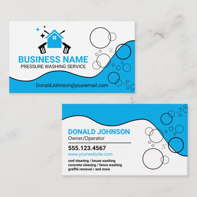 White and Blue Pressure Washing House Cleaning Business Card (Front/Back)