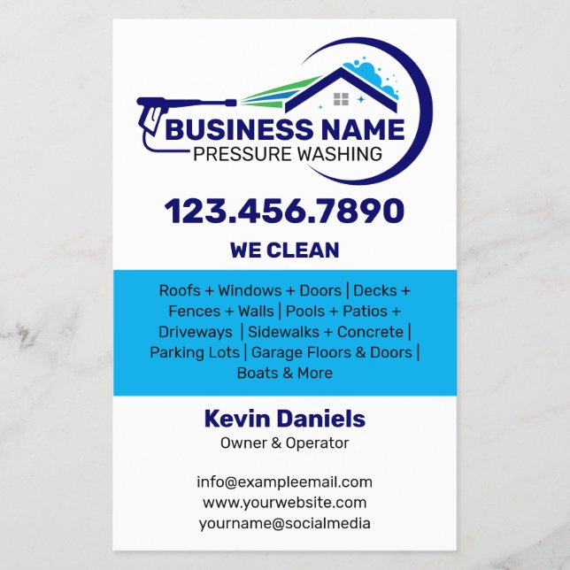 White and Blue Pressure Washing Services Flyer (Front)