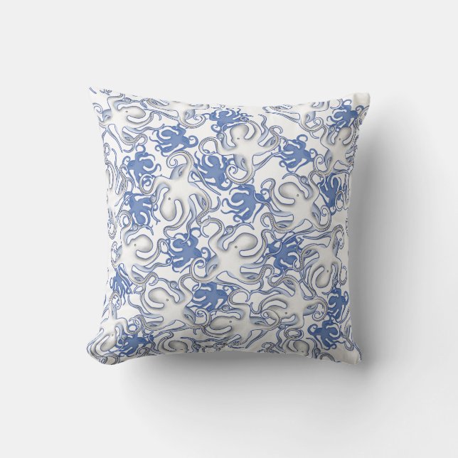 White And Blue Repeating Motif | Octopus Pattern Cushion (Front)