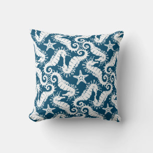 White And Blue Repeating Motif   Seahorse Pattern Cushion