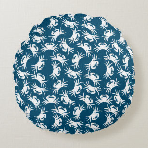 White and Blue Seamless Crab Pattern Round Cushion
