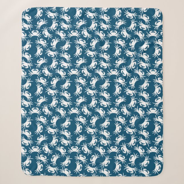 White and Blue Seamless Crab Pattern Sherpa Blanket (Front)