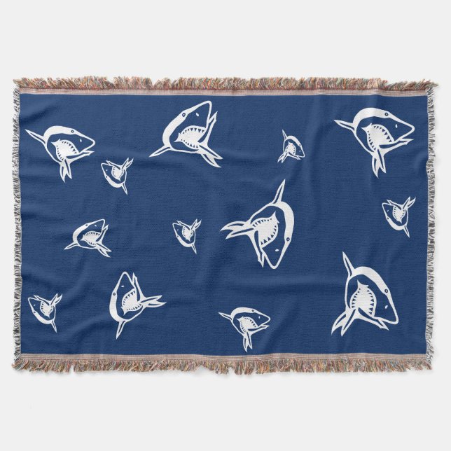 WHITE and blue shark frenzy coastal living Throw Blanket (Front)