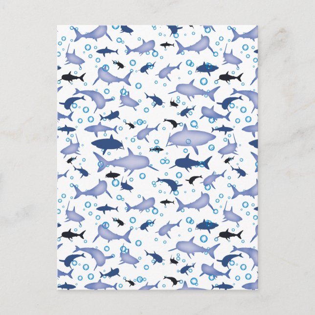 White and Blue Shark Silhouette Pattern Postcard (Front)