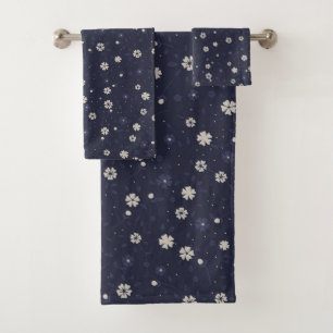 White and blue small Japanese flowers pattern Bath Towel Set