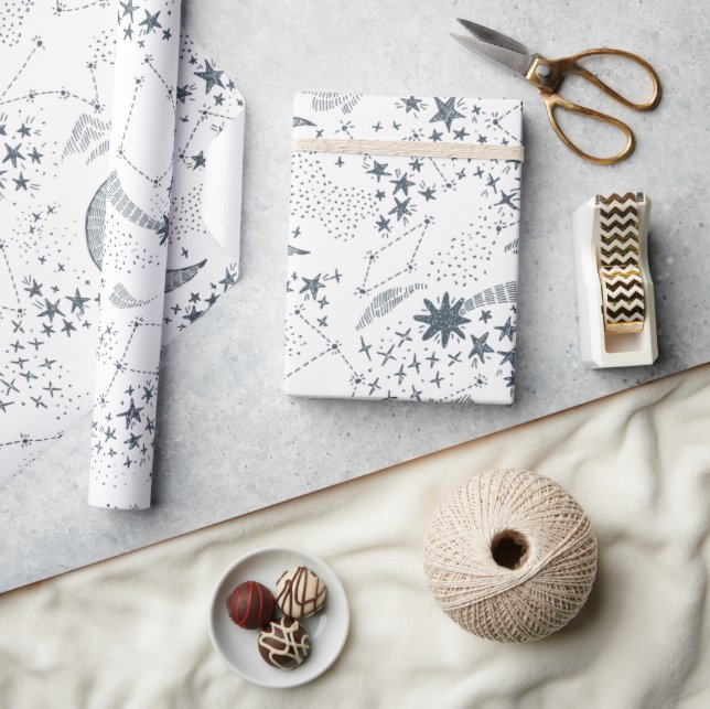 White And Blue Starry Moon Pattern Wrapping Paper (Crafts)