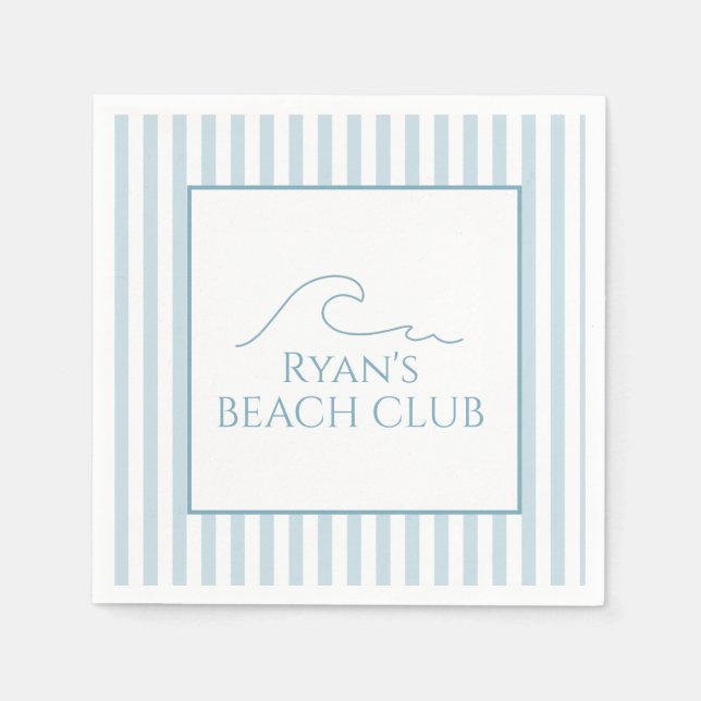 White and Blue Stripe Beach Club Cabana Birthday  Napkin (Front)