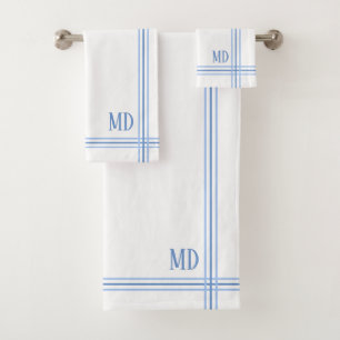 White and Blue Striped Custom Initials Bath Towel Set