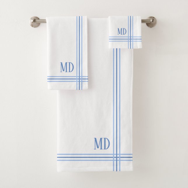 White and Blue Striped Custom Initials Bath Towel Set (Insitu)