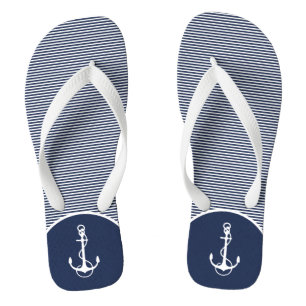 White And Blue Stripes & Nautical Boat Anchor Jandals