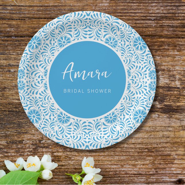 WHITE AND BLUE TALAVERA BRIDAL SHOWER PAPER PLATE (Creator Uploaded)