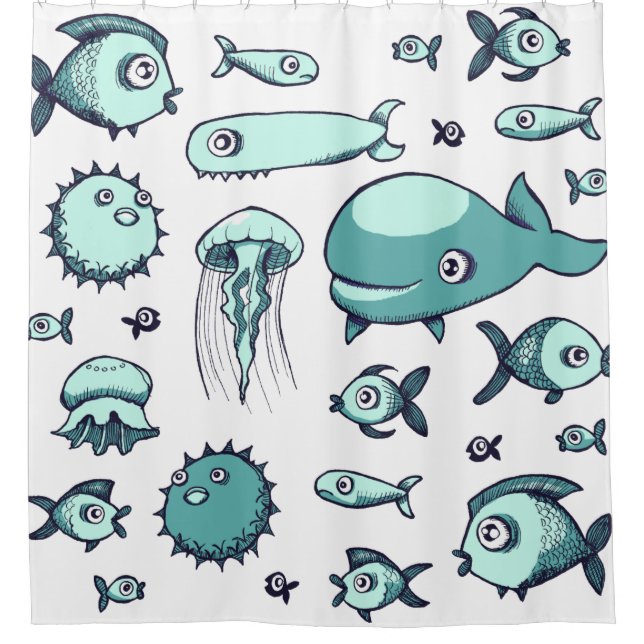 White and Blue & Teal Fish Drawing Shower Curtain (Front)
