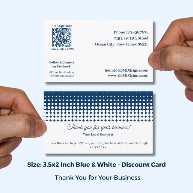 White and Blue Thank You For Your Business and Discount Card (White and Blue Thank You For Your Business and Discount Card; Size 3.5x2 Inch, QR code)
