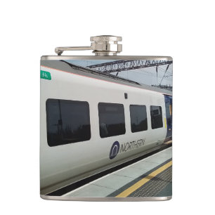 White and blue train hip flask