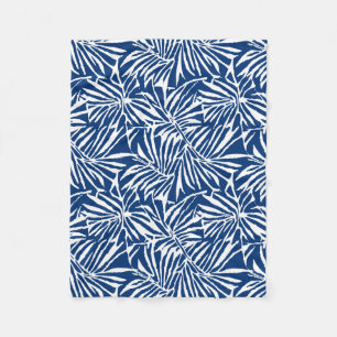 White And Blue Tropical Leaf Repeating Pattern Fleece Blanket