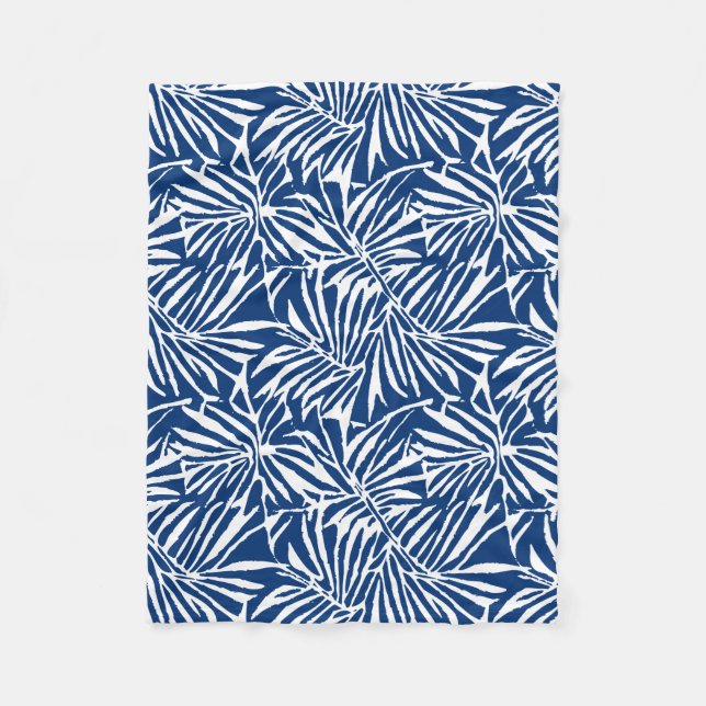 White And Blue Tropical Leaf Repeating Pattern Fleece Blanket (Front)
