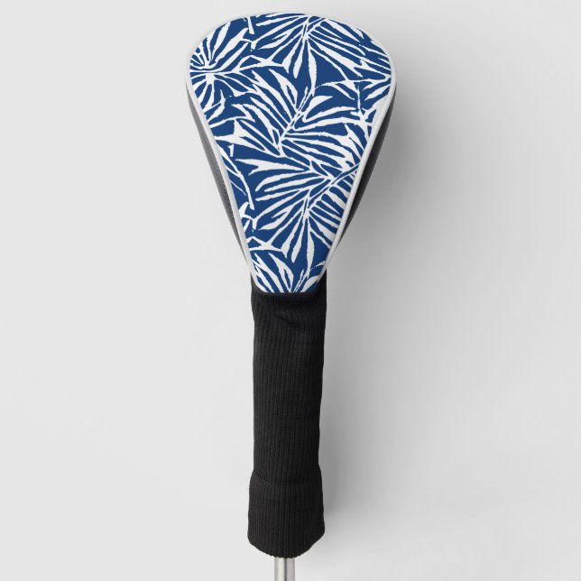 White And Blue Tropical Leaf Repeating Pattern Golf Head Cover (Front)