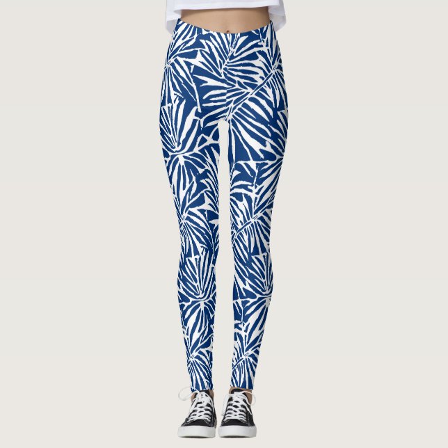 White And Blue Tropical Leaf Repeating Pattern Leggings (Front)