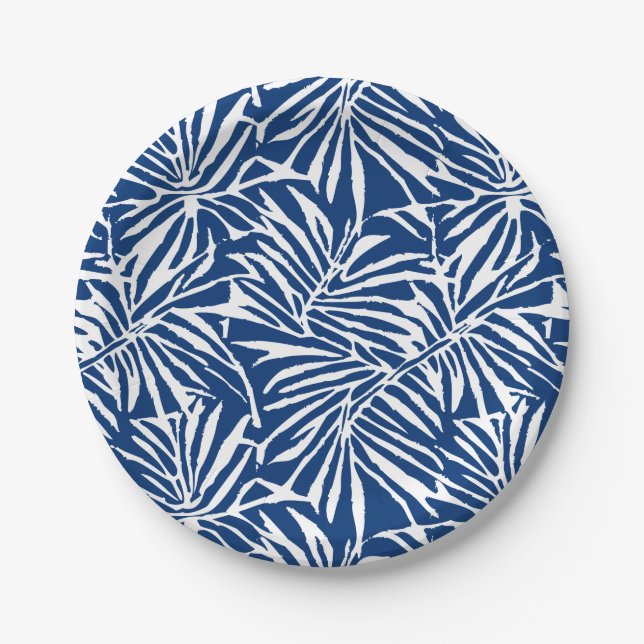 White And Blue Tropical Leaf Repeating Pattern Paper Plate (Front)