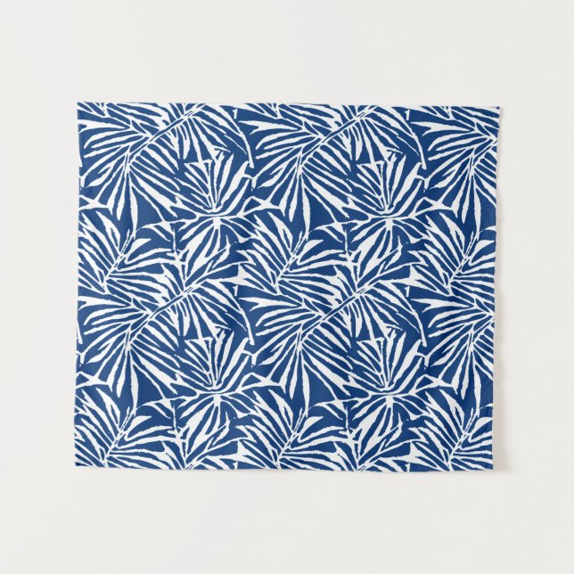 White And Blue Tropical Leaf Repeating Pattern Tapestry (Front (Horizontal))