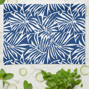White And Blue Tropical Leaf Repeating Pattern Tea Towel
