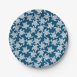 White and Blue Turtle Silhouette Pattern Paper Plate