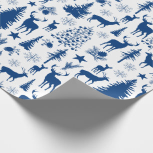 White And Blue Woodland Forest Reindeer Wrapping Paper