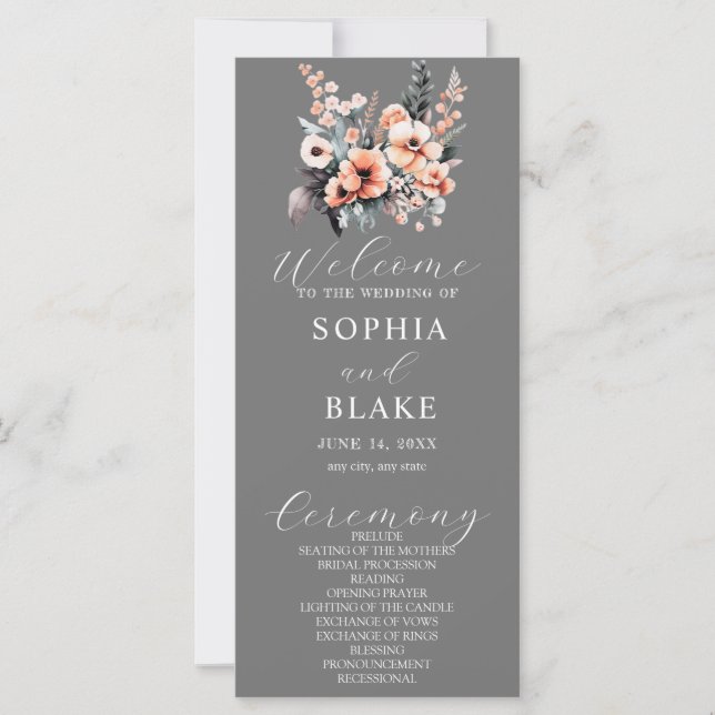White and Blush Flowers Grey Wedding Program (Front)