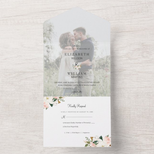 White and Blush Pink Magnolia Floral Wedding Photo All In One Invitation (Inside)
