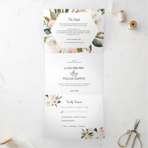 White and Blush Pink Magnolia Floral Wedding Photo Tri-Fold Invitation