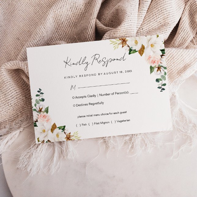 White and Blush Pink Magnolia Floral Wedding RSVP Card (White and Blush Pink Magnolia Floral Wedding RSVP Card)