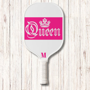 White and Bright Pink Queen Crown Modern Monogram Pickleball Paddle