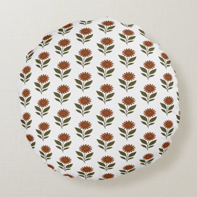 White and Brown Floral Boho  Round Cushion (Back)