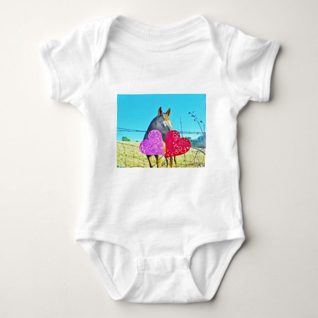 White and Brown horse Valentine Hearts Baby Bodysuit (Front)