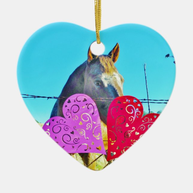 White and Brown horse Valentine Hearts Ceramic Tree Decoration (Front)