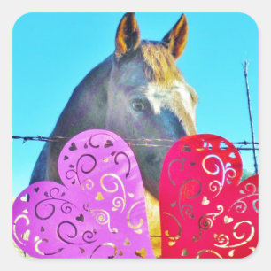 White and Brown horse Valentine Hearts Square Sticker