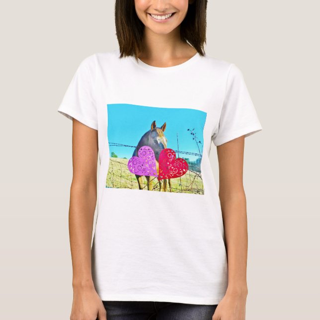 White and Brown horse Valentine Hearts T-Shirt (Front)