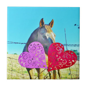 White and Brown horse Valentine Hearts Tile