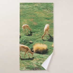 WHITE AND BROWN HORSES ON GREEN GRASS FIELD BATH TOWEL