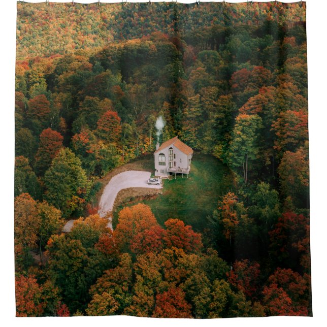 WHITE AND BROWN HOUSE SURROUNDED BY TREES SHOWER CURTAIN (Front)