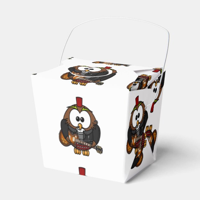 White and brown owl playing a guitar with red hat favour box (Front Side)
