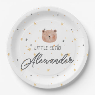 White and Brown Watercolor Cute Baby Shower Paper Plate