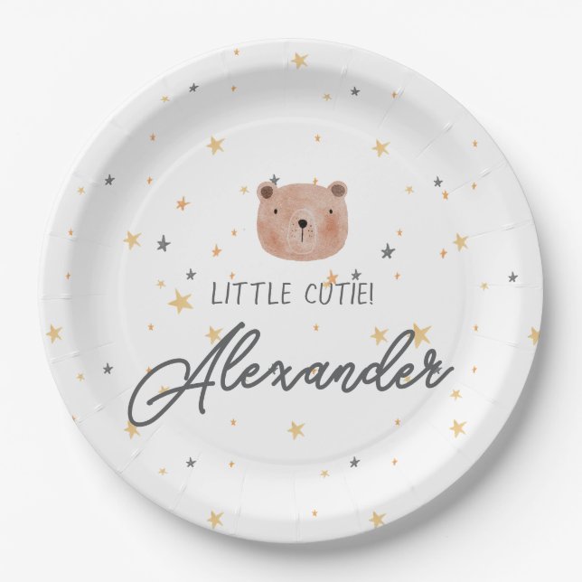 White and Brown Watercolor Cute Baby Shower Paper Plate (Front)