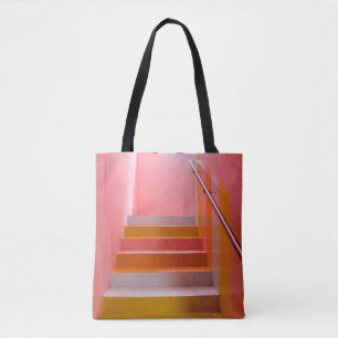 WHITE AND BROWN WOODEN STAIRCASE TOTE BAG