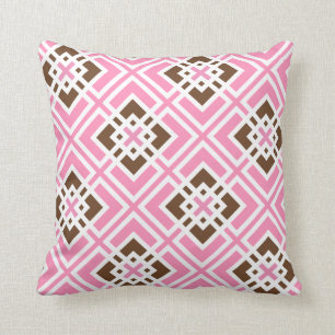 White and Bubblegum Pink & Brown Geometric Squares Cushion