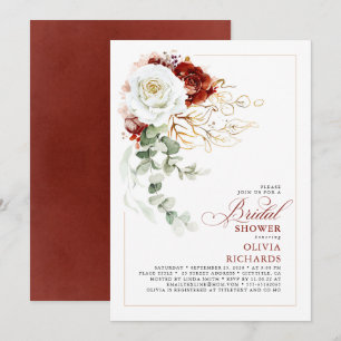 White and Burgundy Red Floral Fall Bridal Shower Invitation