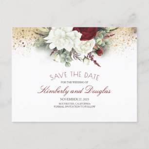 White and Burgundy Red Floral Save the Date Announcement Postcard