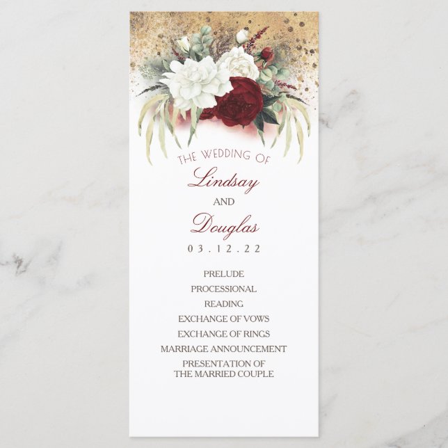 White and Burgundy Red Floral Wedding Programs Programme (Front)