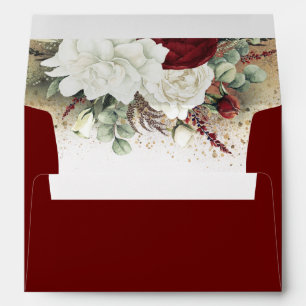 White and Burgundy Red Flowers Elegant Wedding Envelope