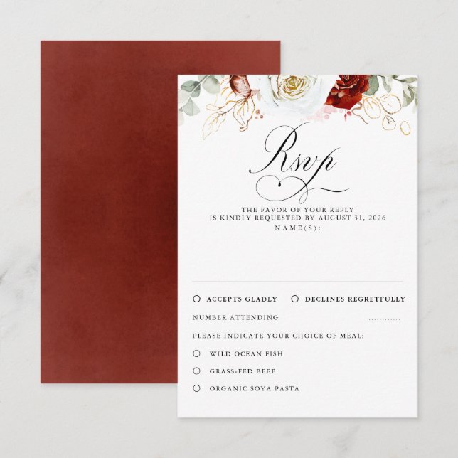 White and Burgundy Red Flowers Wedding RSVP Card (Front/Back)